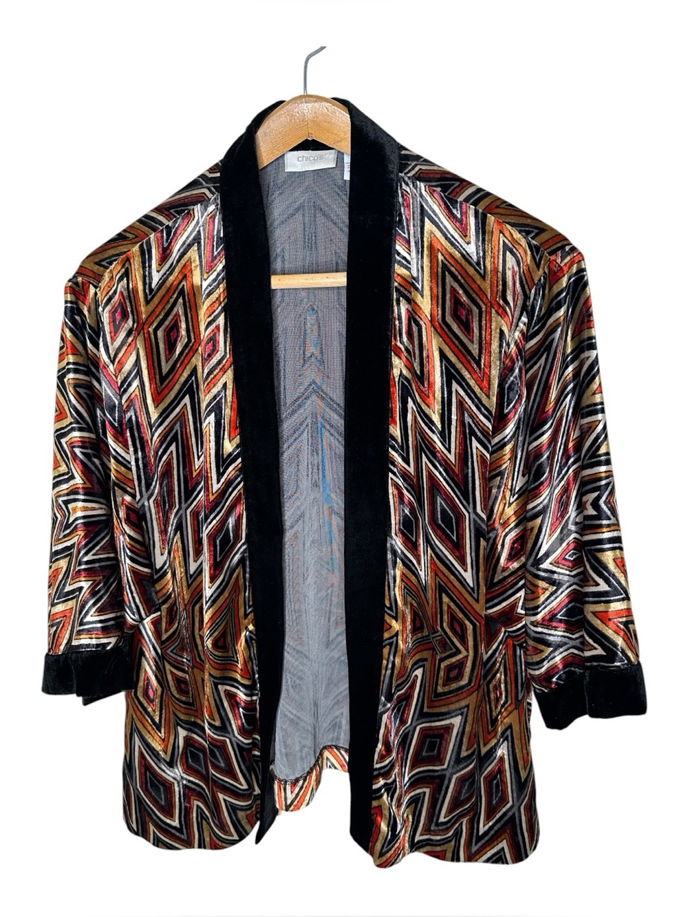 Chico's Size 3 XL Multicolor Geometric Kimono Jacket Velvet Trim 3/4 Sleeve
